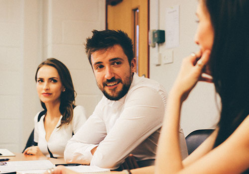 Stef and Sam in a PR meeting.