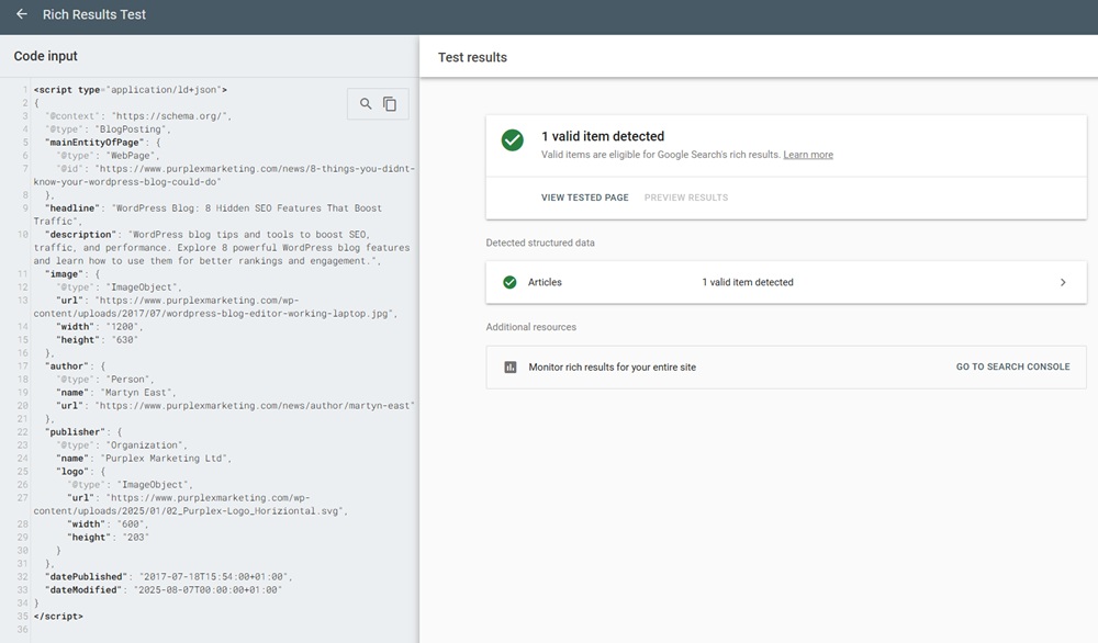 WordPress blog schema markup validated by Google Rich Results tool