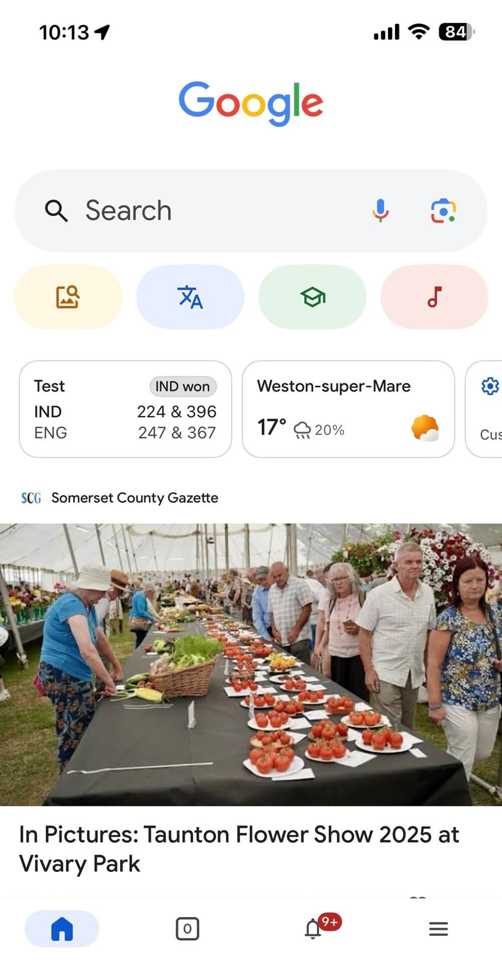 Google homepage Discover feed showing Taunton Flower Show news article