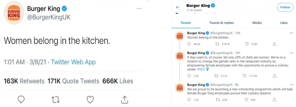 Burger King UK tweet saying “Women belong in the kitchen” with follow-up context explaining a female chef scholarship.