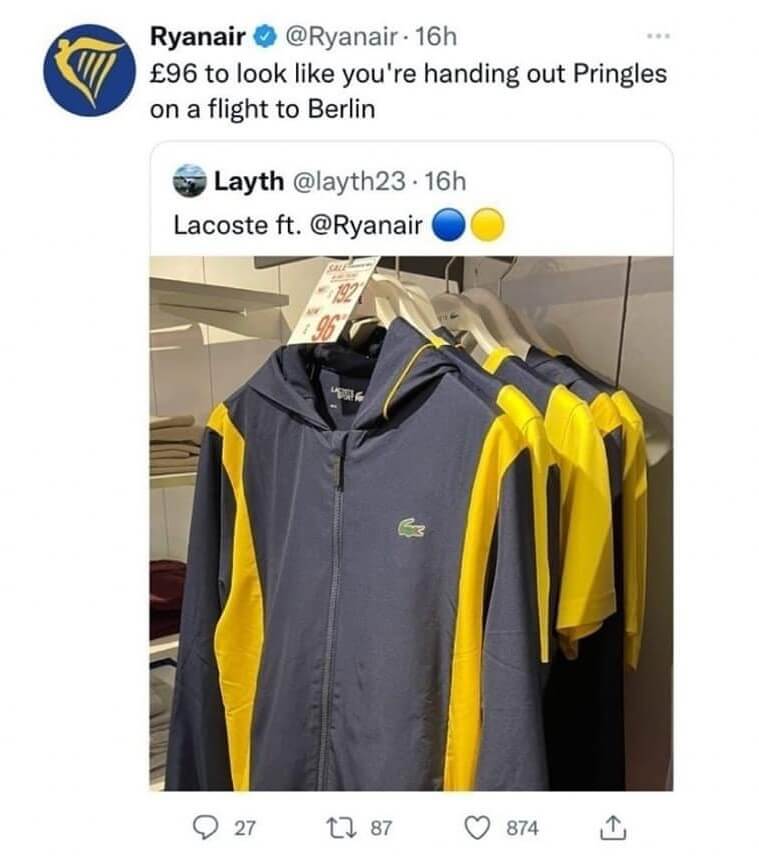 Ryanair tweet comparing Lacoste jacket to cabin crew handing out Pringles.