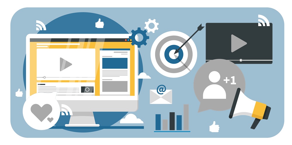 digital marketing illustration with computer, social icons, and strategy graphics.