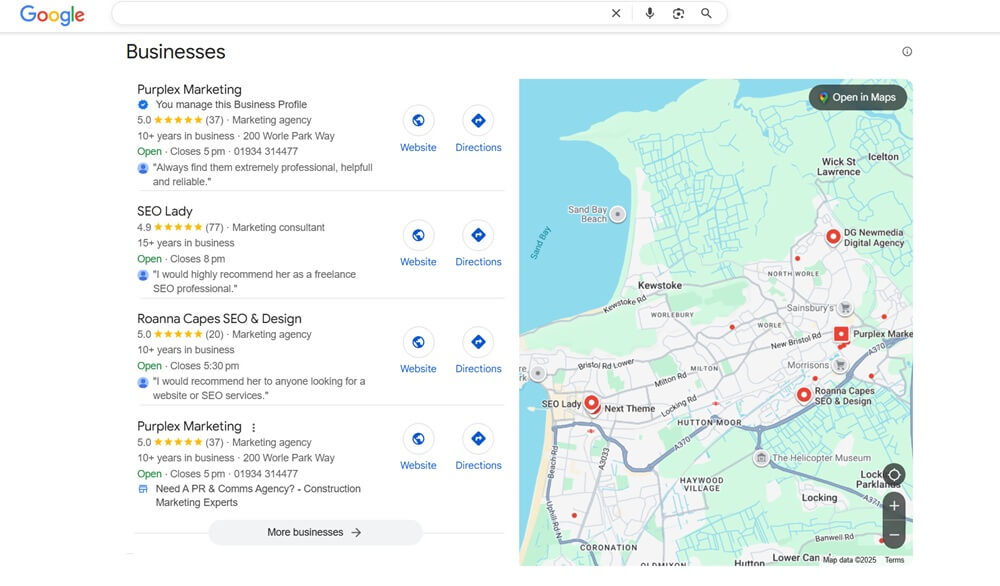 SEO your site with Purplex Marketing Google Business Profile showing map listing and reviews in Weston-super-Mare.