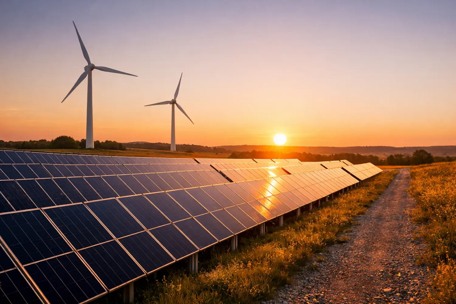 Renewables marketing image showing large solar panel array and wind turbines generating clean energy at sunset