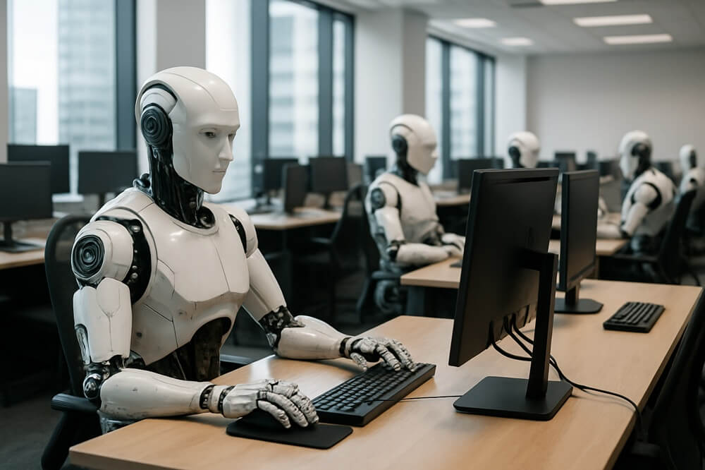 AI 2027 scenario image showing humanoid robots working at office desks