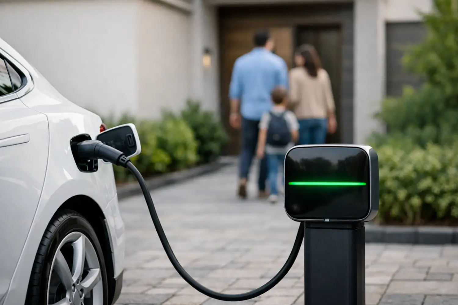 Home EV charging point connected to an electric vehicle on a residential driveway
