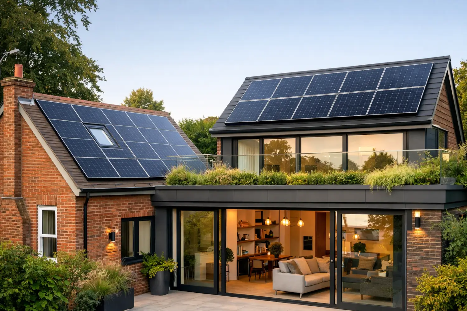 Modern brick house with integrated solar PV panels across pitched roofs and contemporary extension