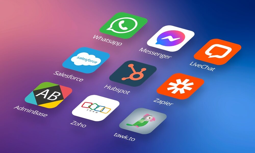 Collection of nine business app icons including WhatsApp, Salesforce, HubSpot, LiveChat, Messenger, and other professional communication tools on gradient background
