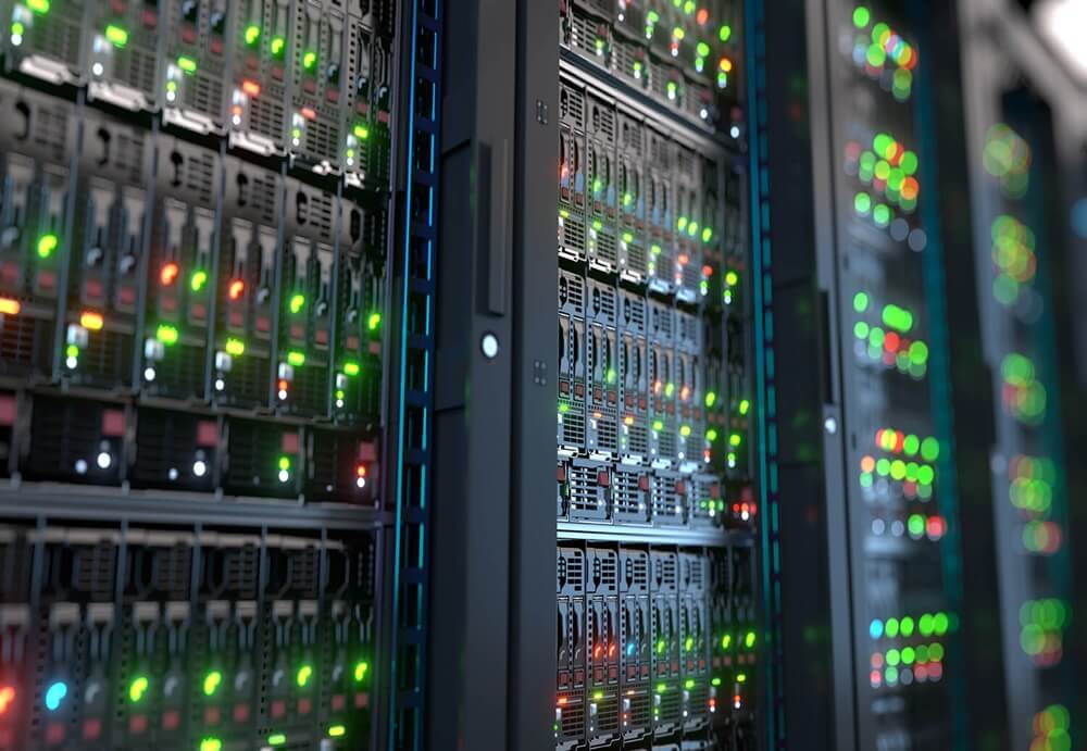Modern data center server racks with colorful LED status lights showing active web hosting infrastructure and network equipment