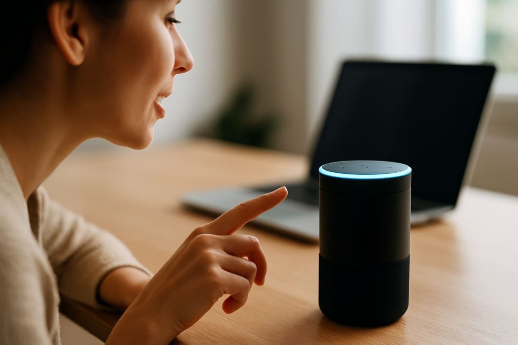 AI voice assistant smart speaker on desk for voice search queries