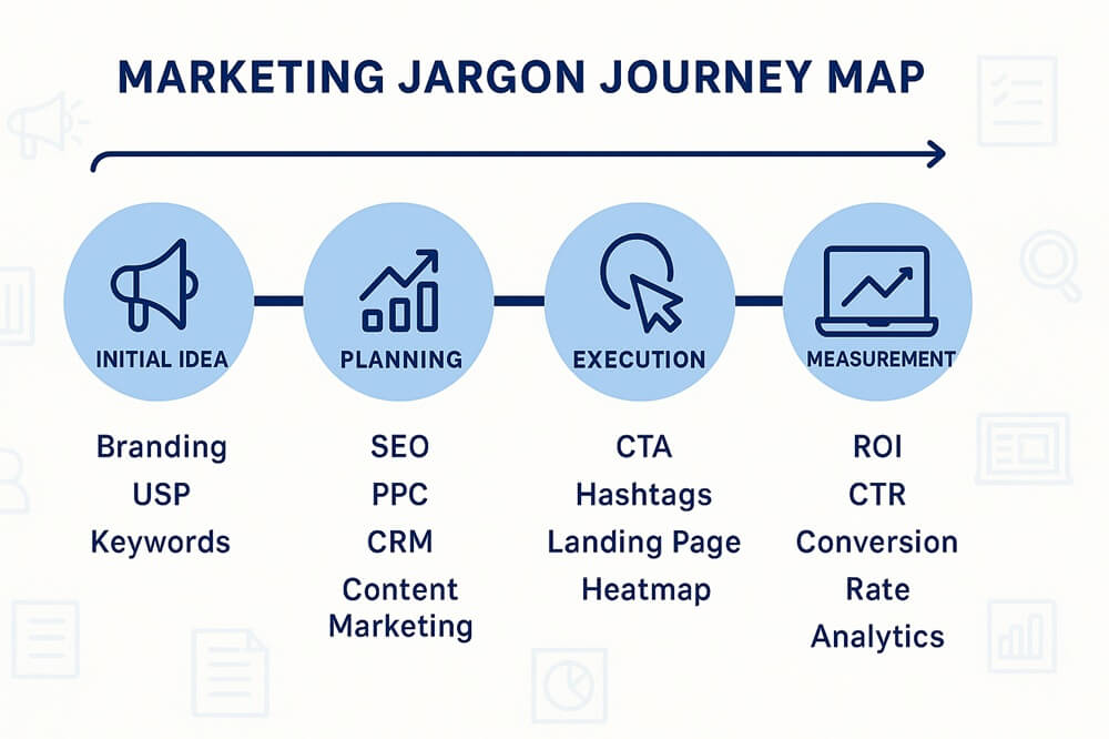 Marketing jargon journey map showing campaign stages and terms in Purplex brand colours