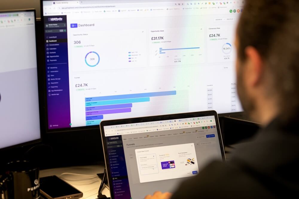 PPC management dashboard reporting metrics on screen with analyst reviewing campaign performance data