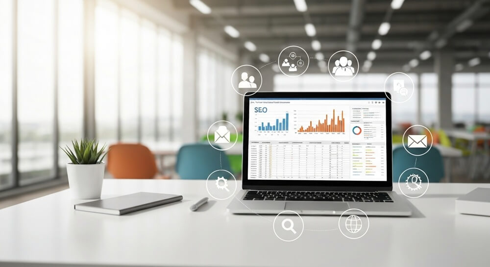 SEO your site analytics dashboard on laptop screen with charts and optimisation icons in a modern office.