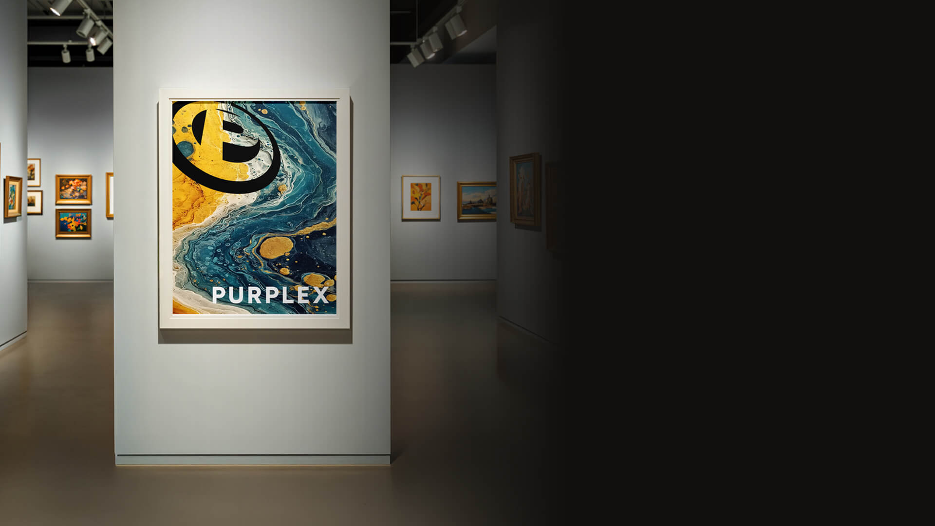 Creativity in marketing shown through Purplex branded abstract art displayed in professional gallery with golden yellow and blue swirls representing creative agency approach to brand storytelling