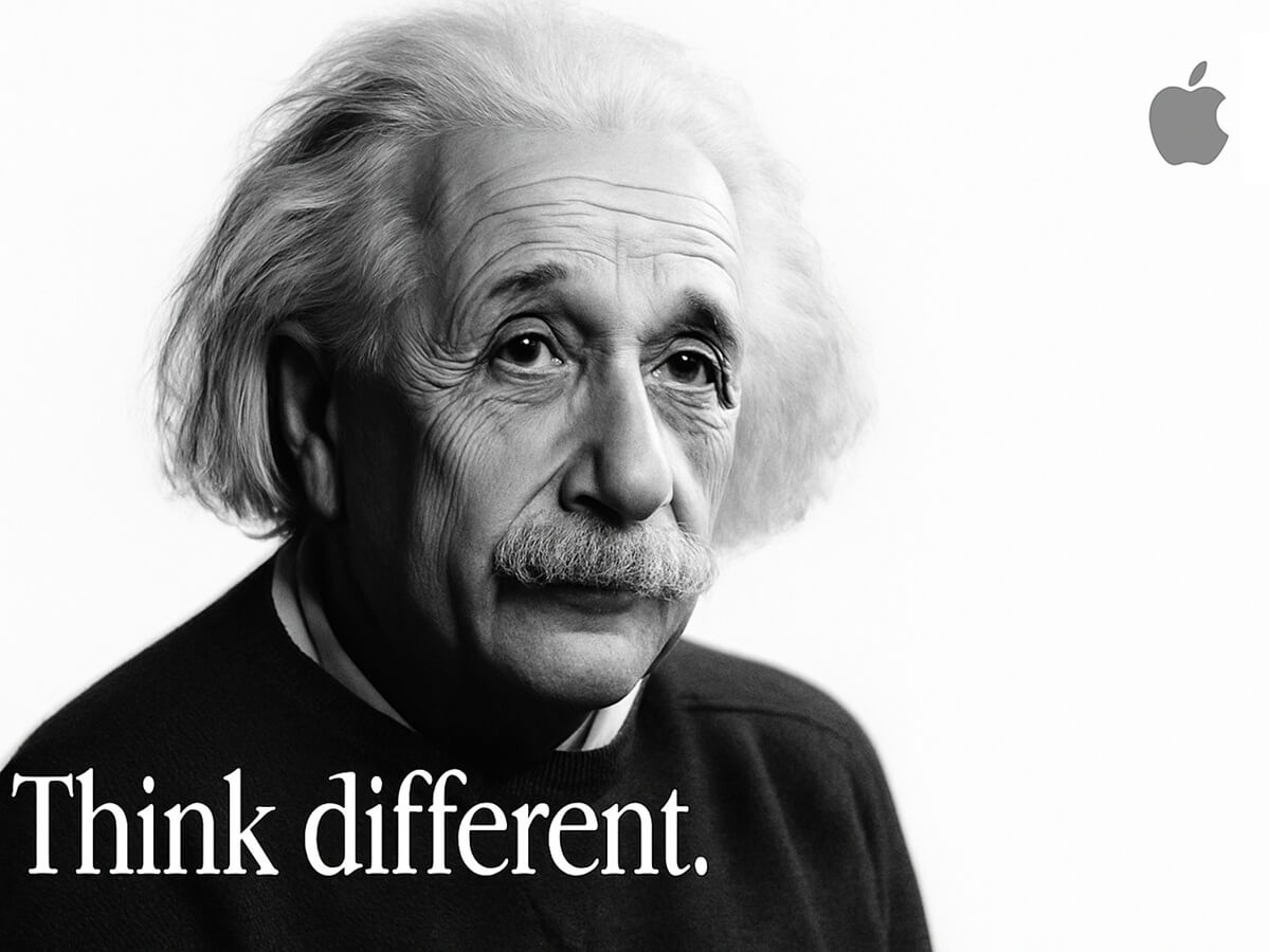 Apple advertising image featuring Albert Einstein with the slogan Think Different in black and white.