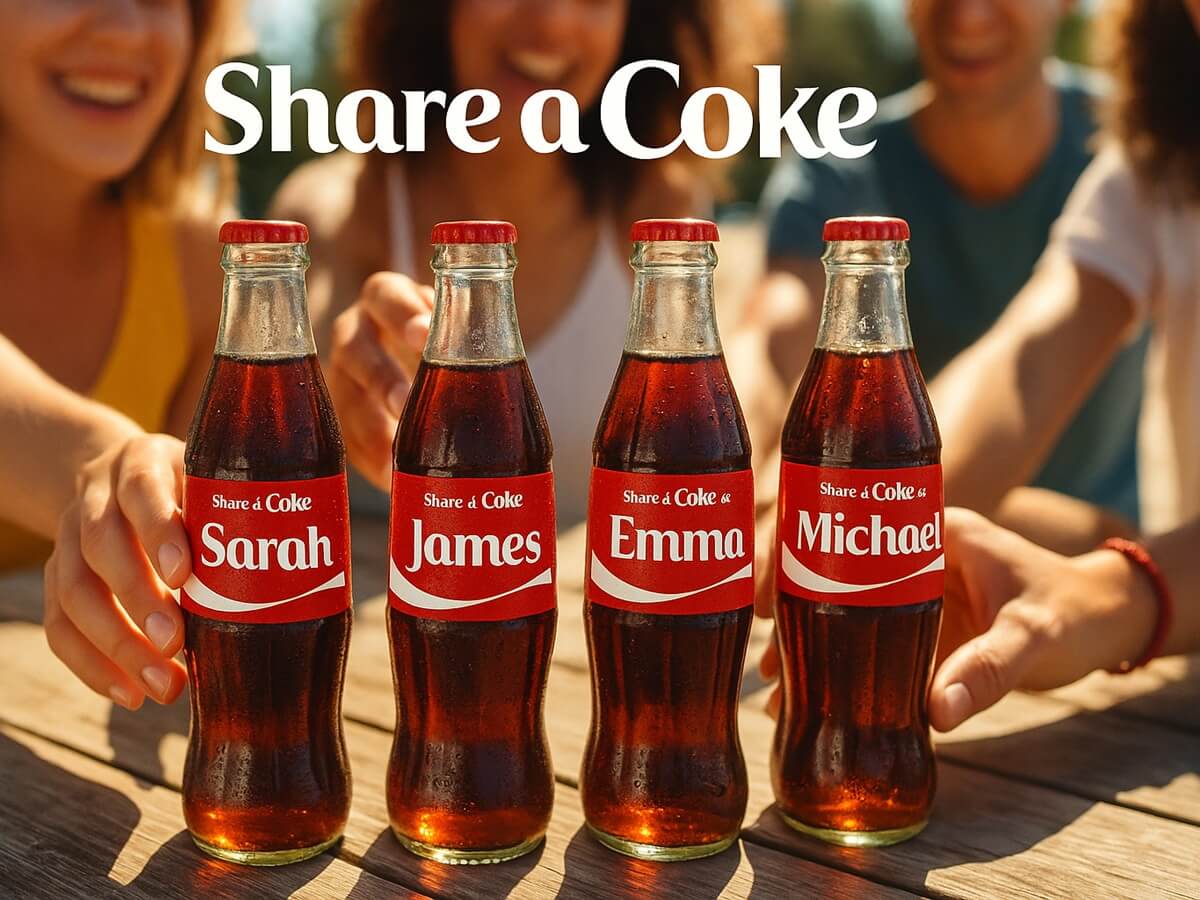 Coca-Cola advertising image showing Share a Coke bottles with names Sarah, James, Emma, and Michael, surrounded by smiling friends.