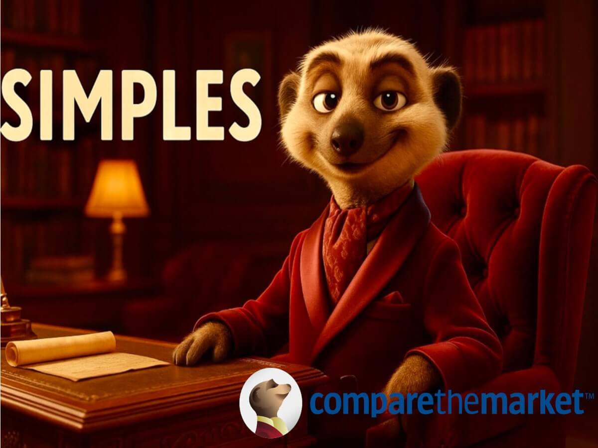 Compare the Market advertising image showing the meerkat character in a red suit with the slogan Simples and company logo.