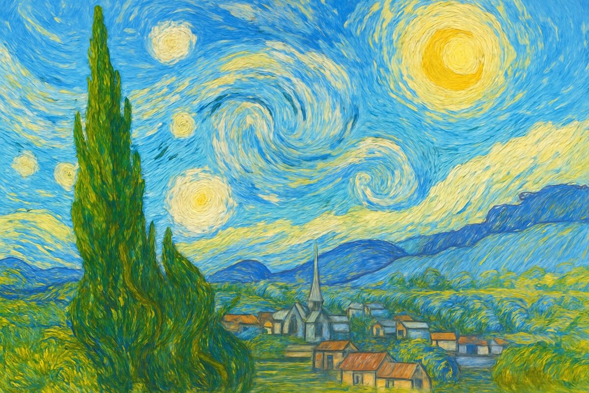 Creativity in marketing illustrated through Van Gogh Starry Night style painting with swirling blue sky, bright sun, cypress tree and village showing artistic approach to brand storytelling