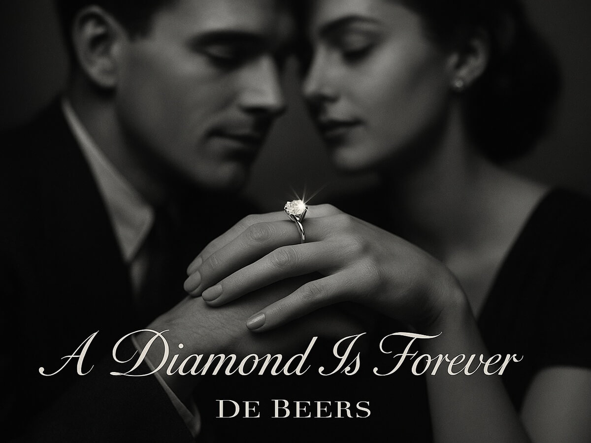 De Beers advertising image showing a couple holding hands, highlighting a diamond engagement ring with the slogan A Diamond Is Forever.