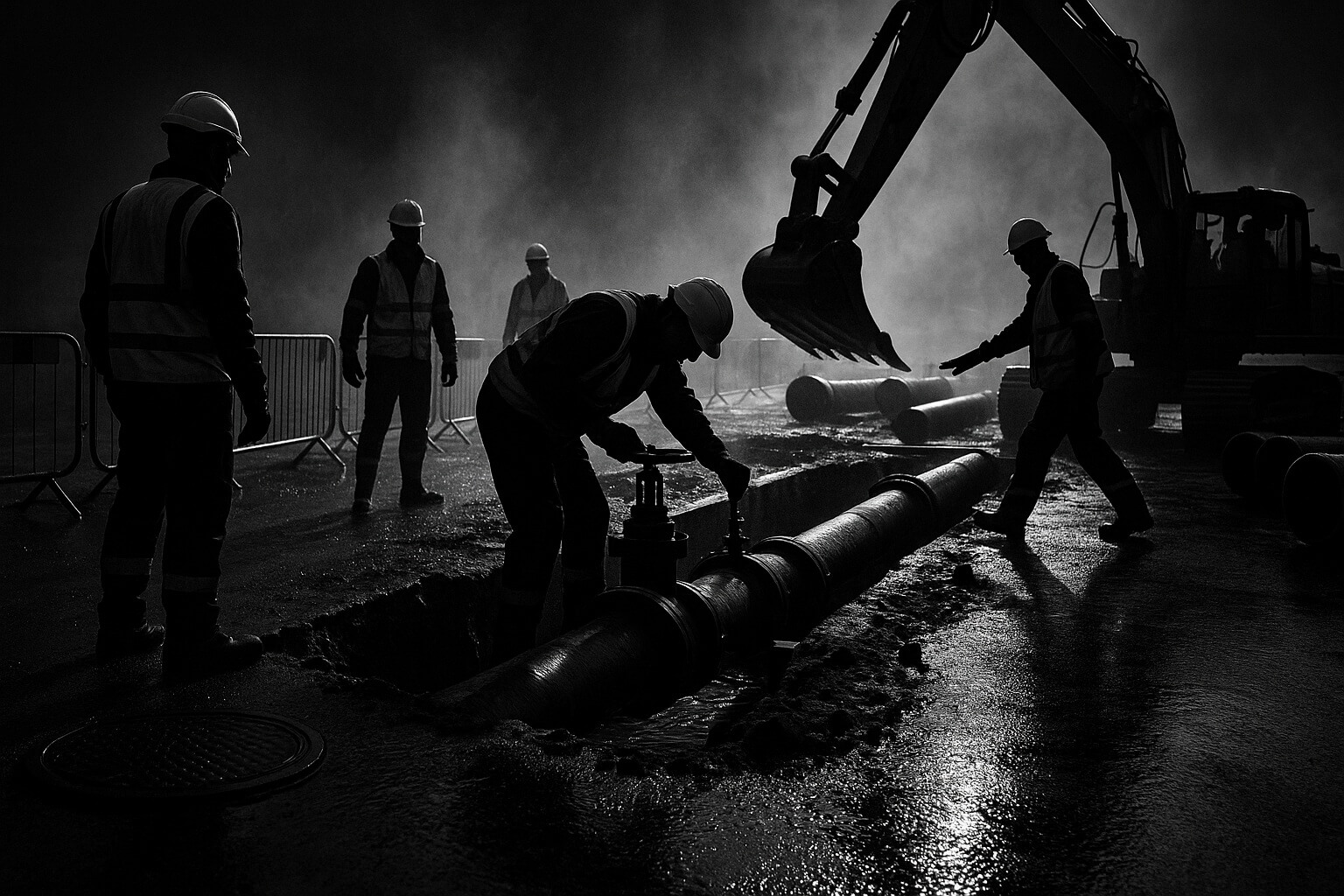 UK civil engineering team on a water industry construction site working on pipe upgrades