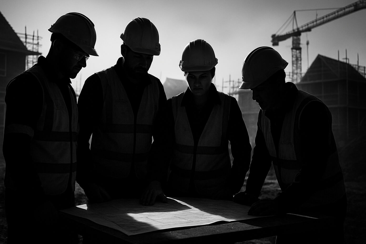 UK construction sector workers reviewing plans on a residential project