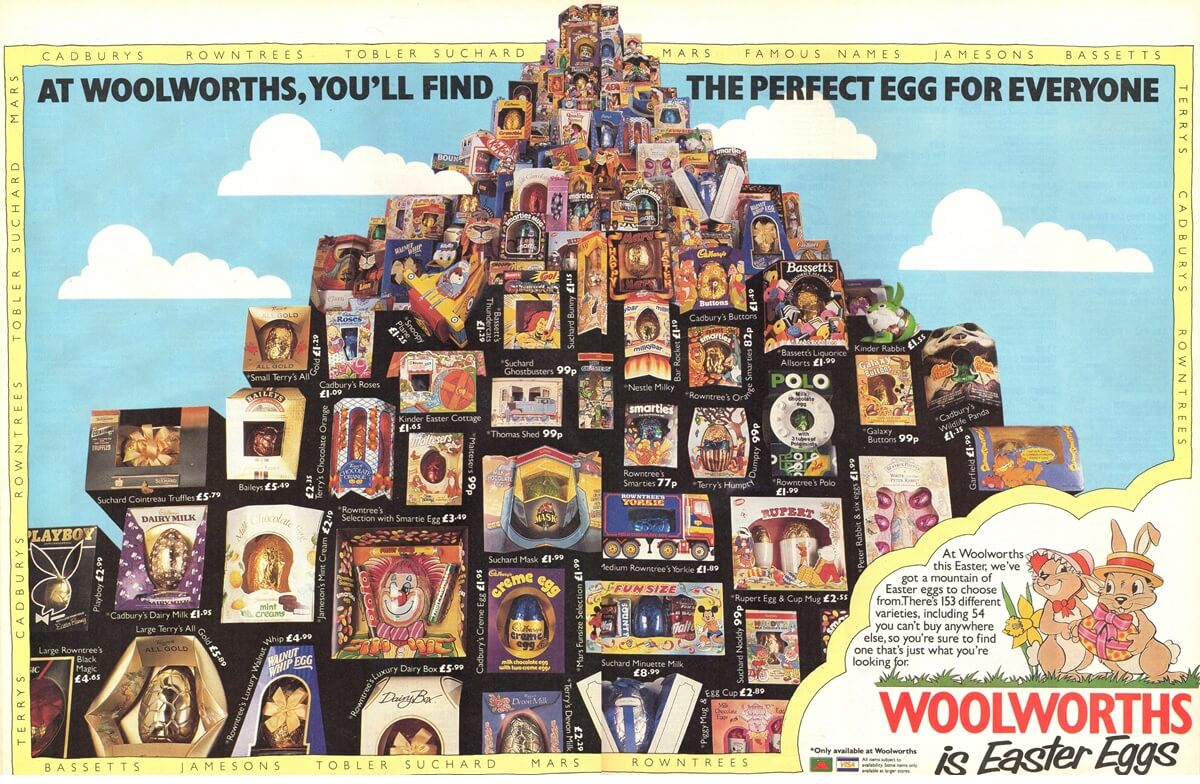 When marketing goes wrong Woolworths Easter advert showing a large display of Easter eggs.