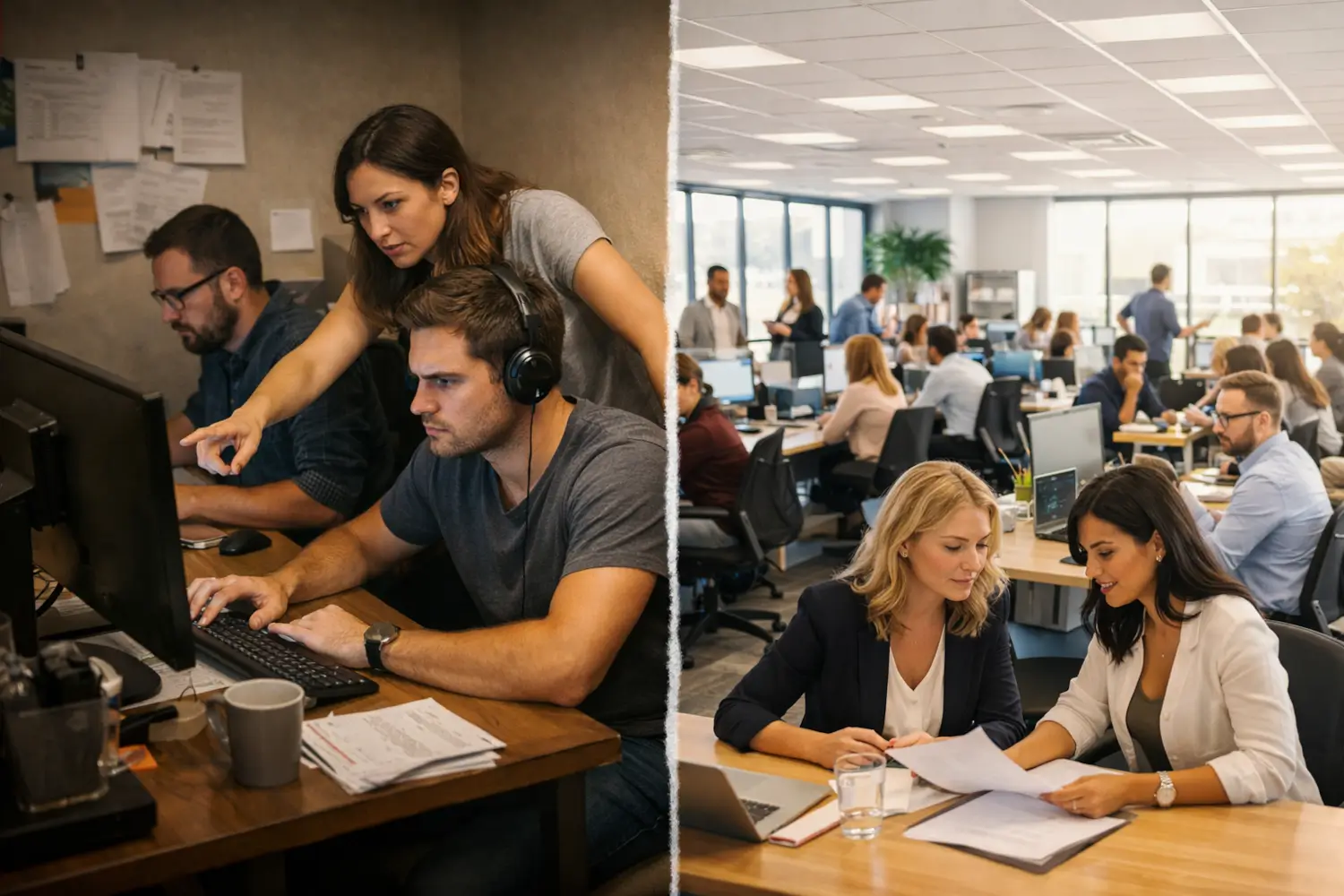 Digital marketing vs in-house marketing comparison showing small in-house team versus large agency team working collaboratively