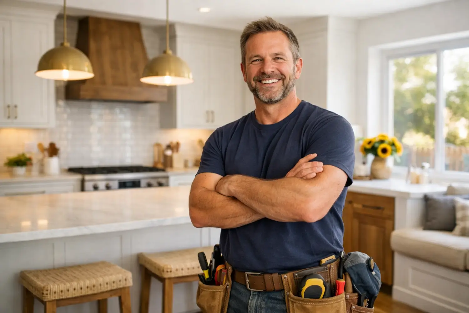 Experienced tradesperson showing how to start a home improvement business successfully, standing in a finished kitchen renovation wearing a tool belt after completing the project.