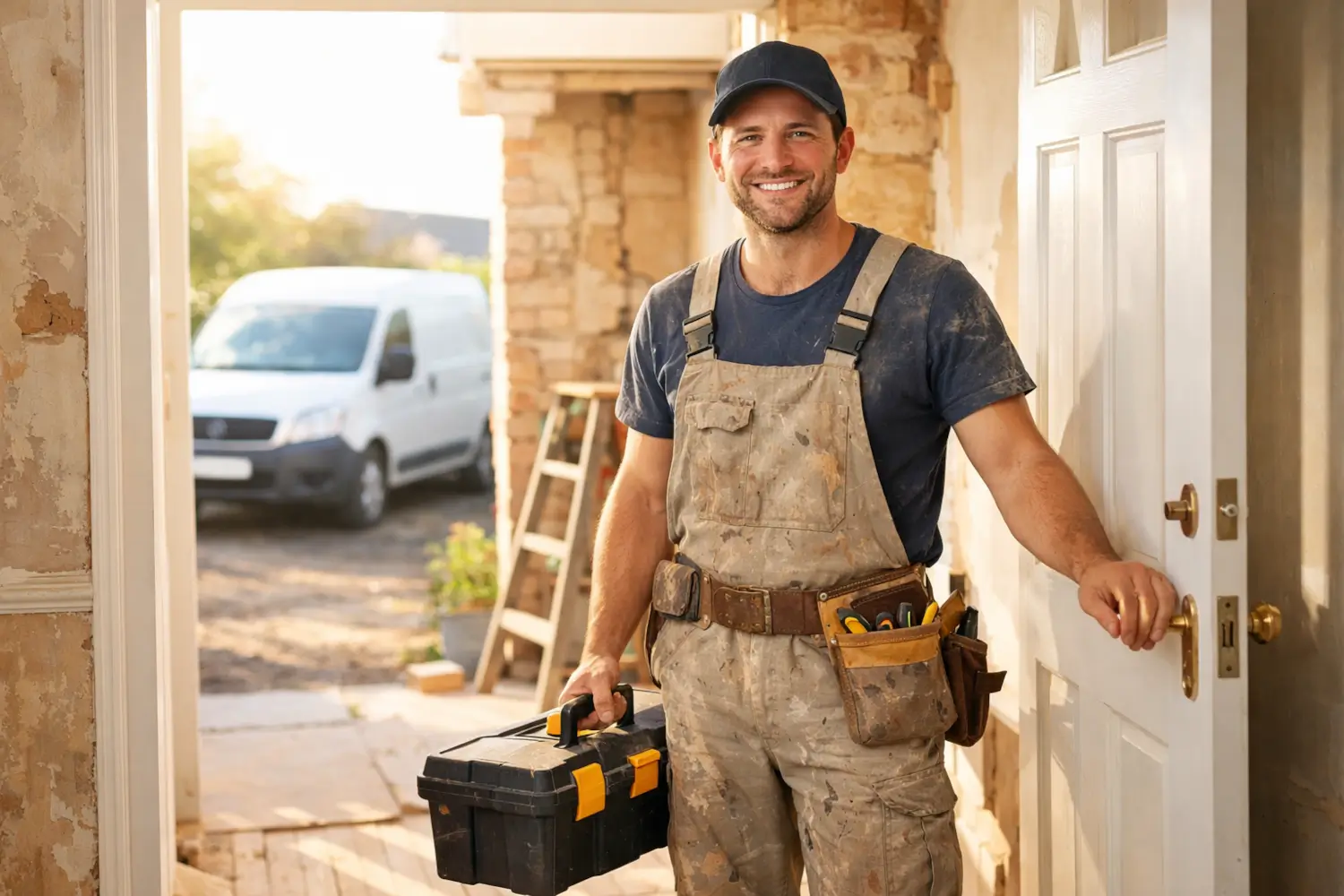 Tradesperson learning how to start a home improvement business, holding a toolbox in the doorway of a UK renovation project with his work van parked outside.