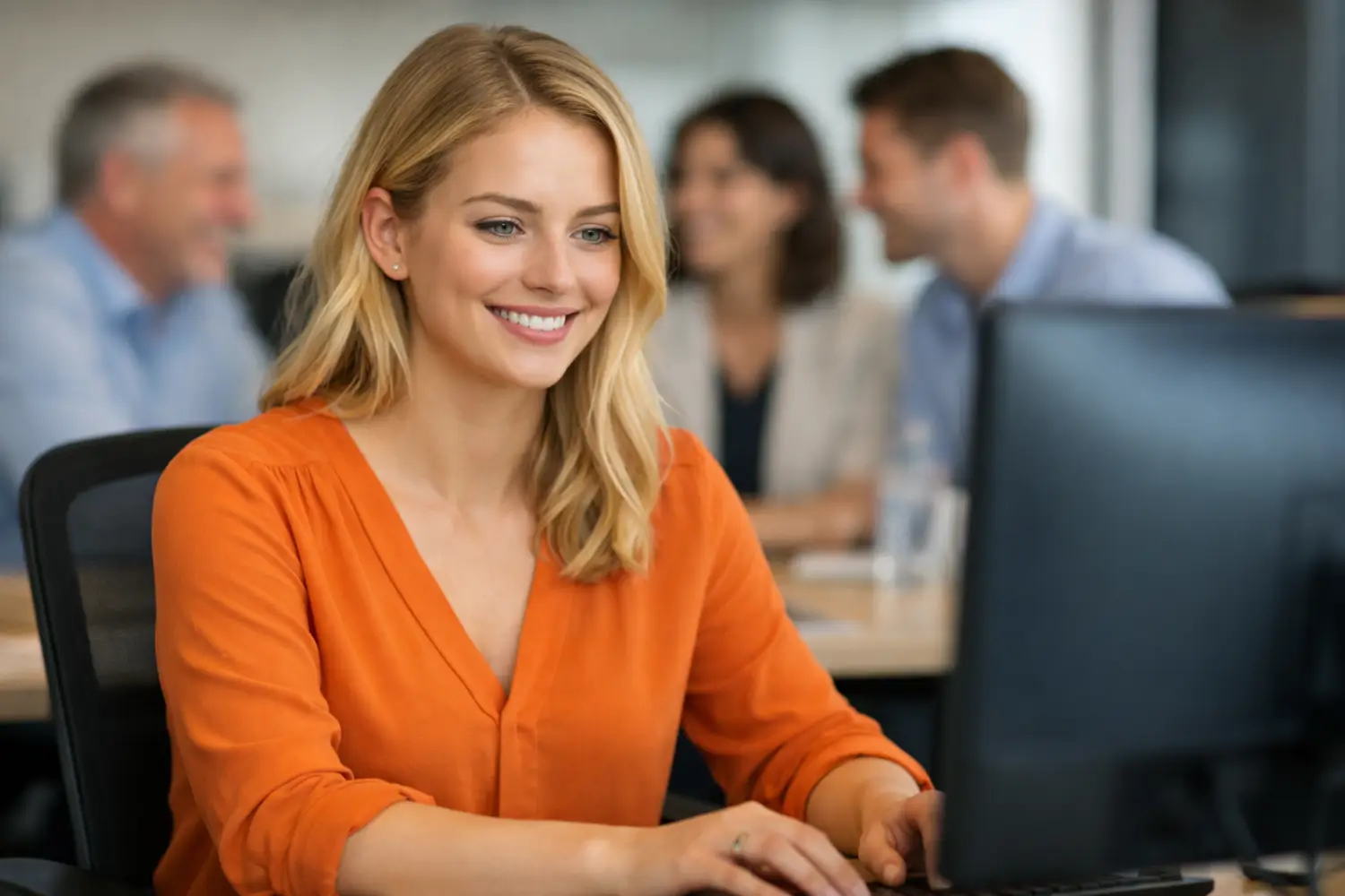 happy blonde businesswoman working with smiling team in office