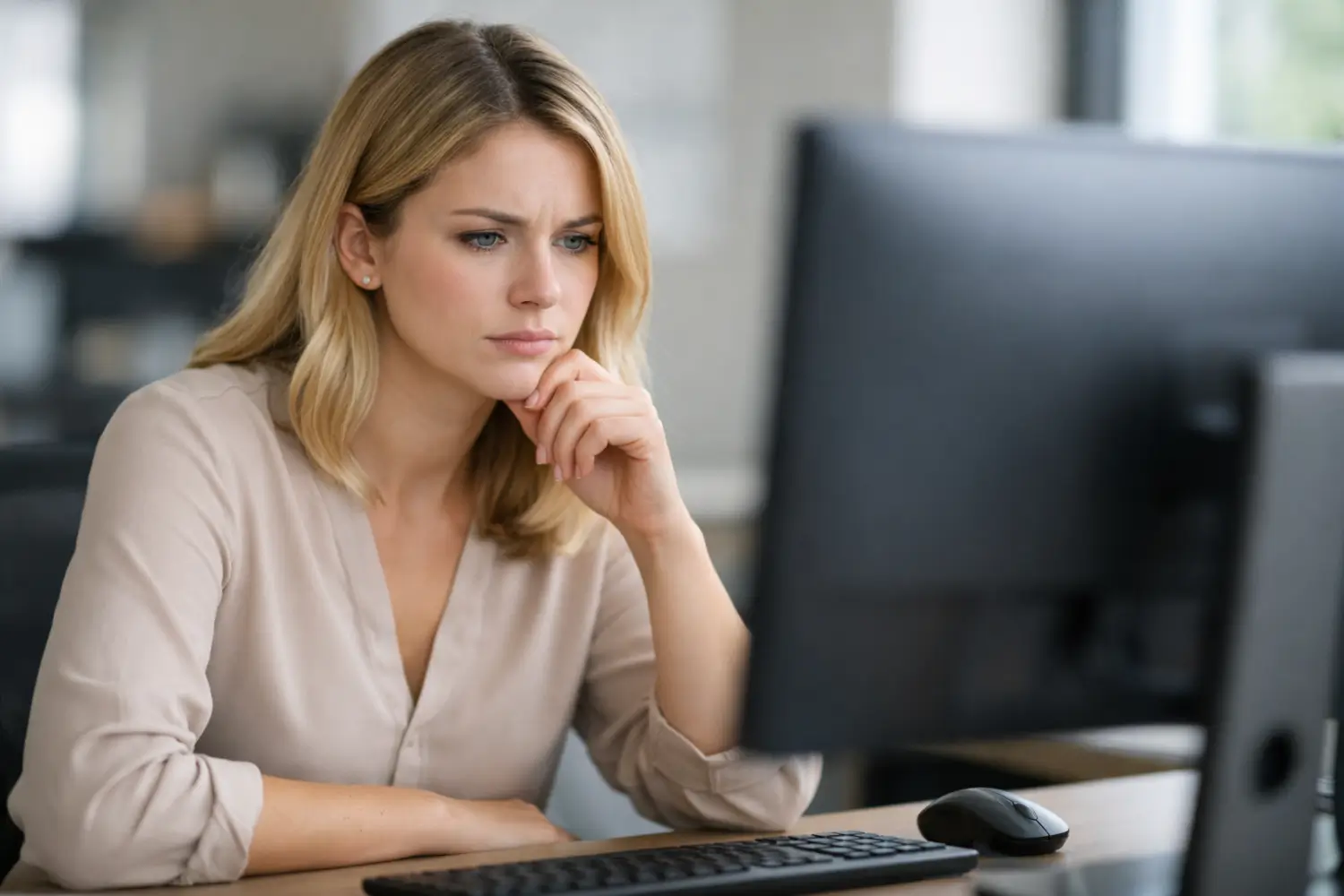 Why your website isn’t generating enquiries – blonde businesswoman looking at computer screen in office