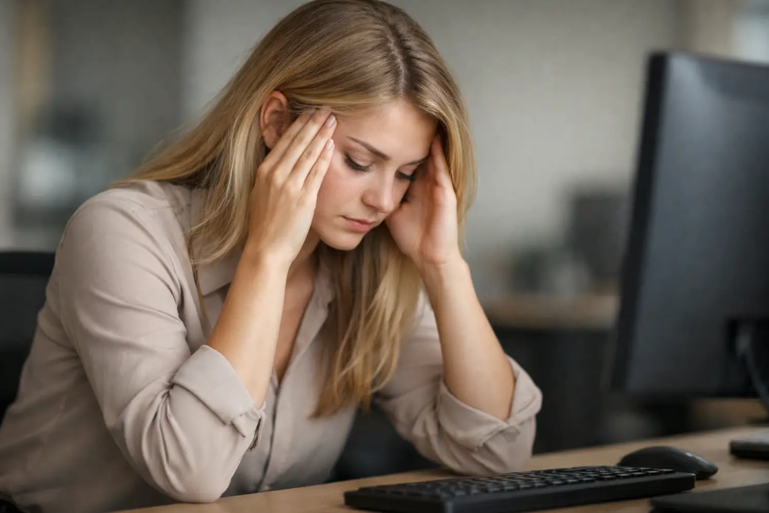 Why your website isn’t generating enquiries – frustrated blonde businesswoman sitting at desk looking down with hands on head