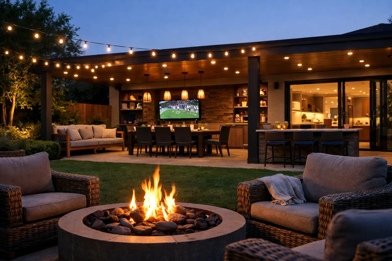 Covered outdoor kitchen with dining table, bar seating and fire pit in a modern garden at dusk