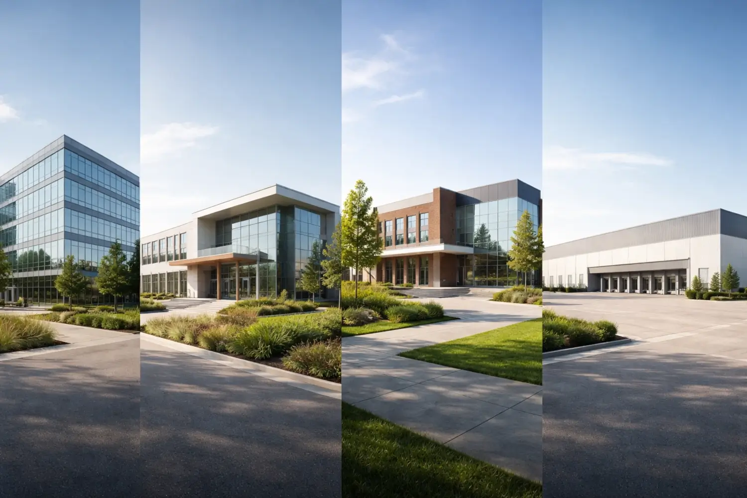 Facilities management marketing image showing modern commercial office and industrial buildings