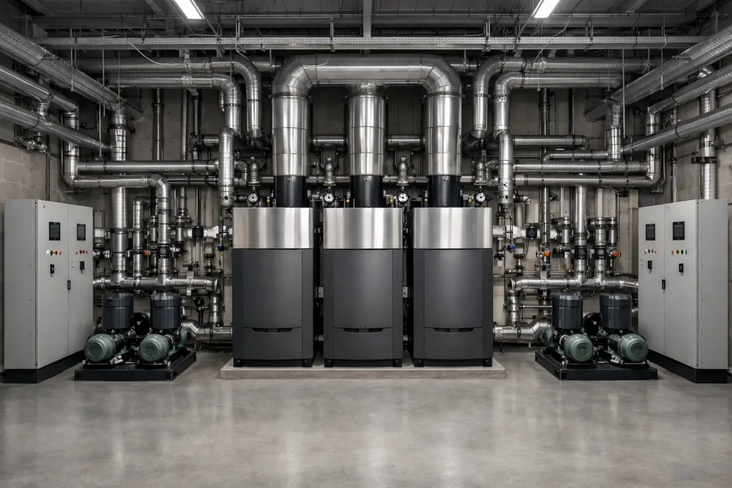 Facilities management marketing image showing commercial plant room with boilers, pumps and HVAC pipework
