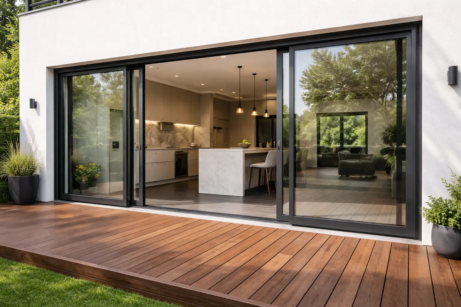 Fenestration systems featuring aluminium sliding glass doors connecting modern kitchen to timber decking