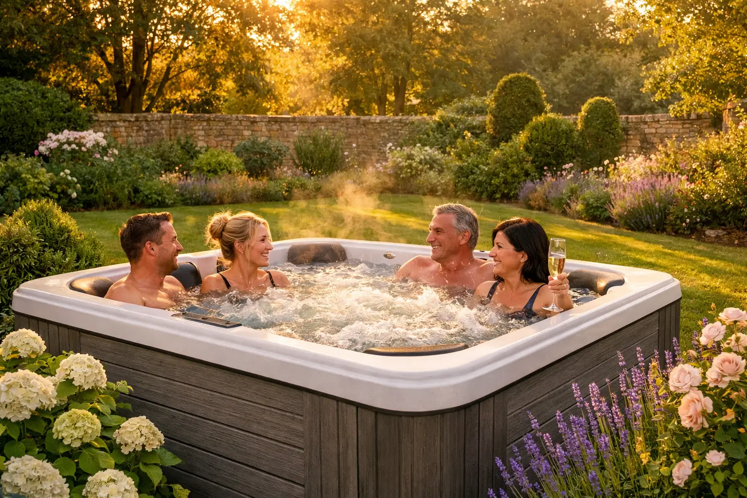 Garden hot tub with four adults relaxing in a landscaped English garden at sunset