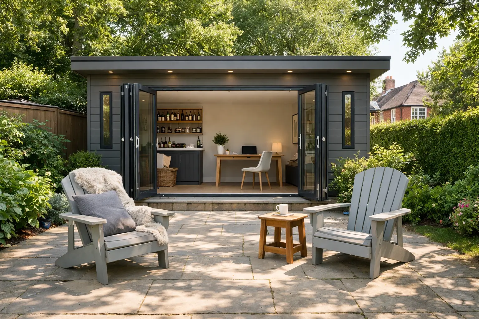 Garden room office with open bifold doors, patio chairs and desk workspace on a bright English summer day