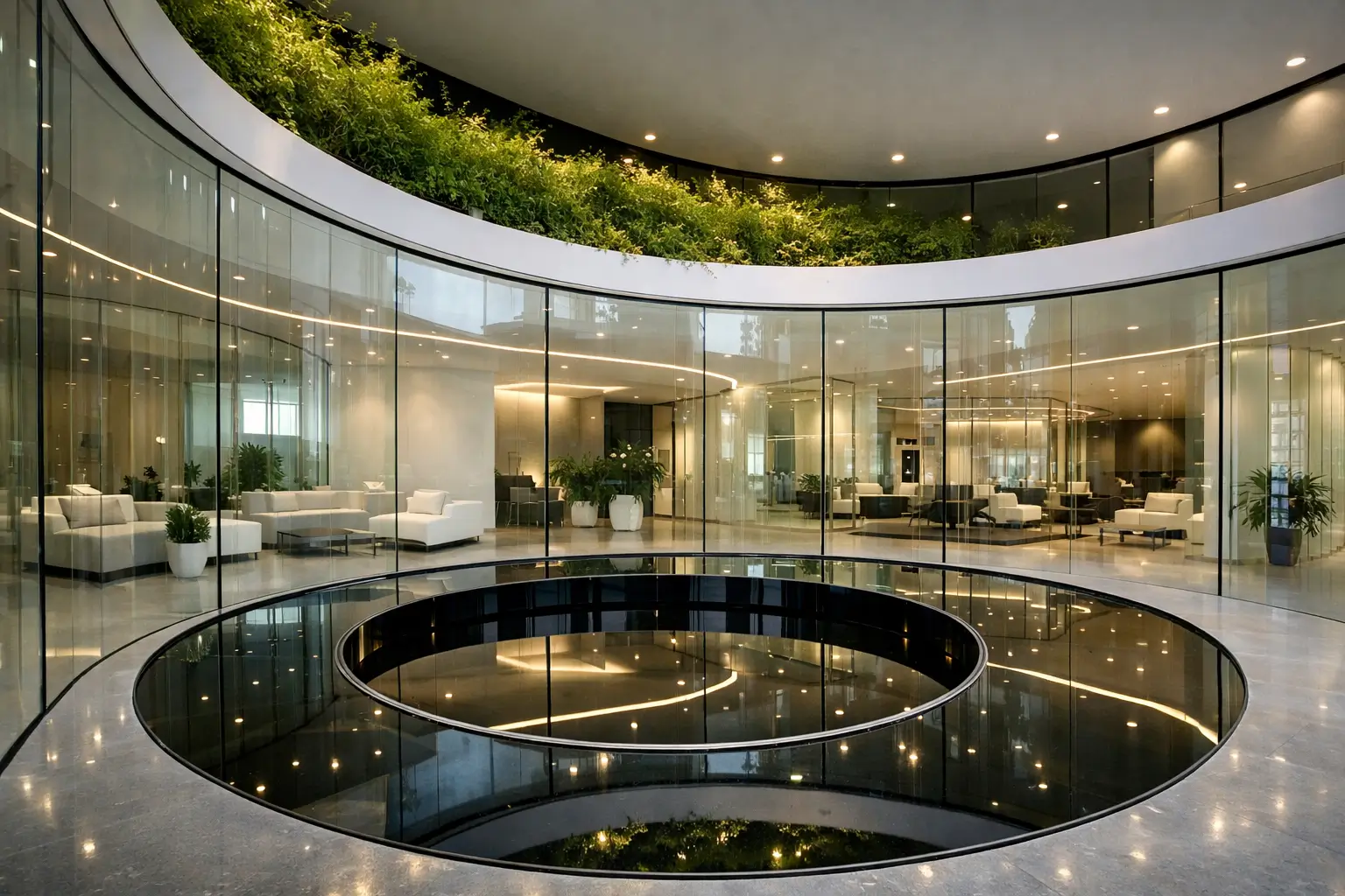 Glazing technology featuring curved structural glass panels in a modern commercial atrium