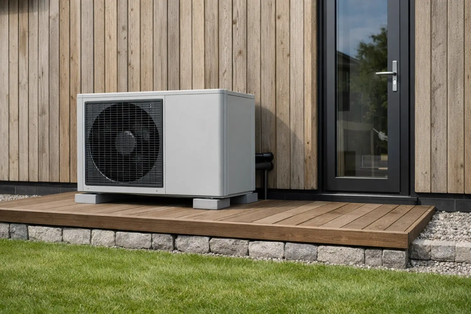 Heat pump installation UK showing air source heat pump unit beside modern timber-clad home