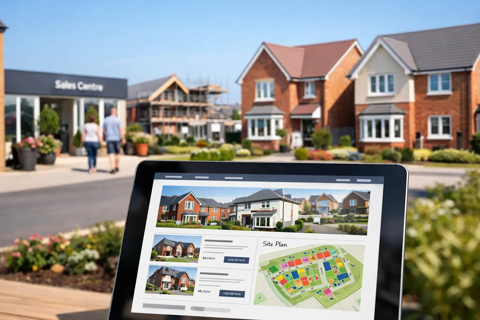 Digital new homes website displayed at UK housebuilder sales centre with residential development in background