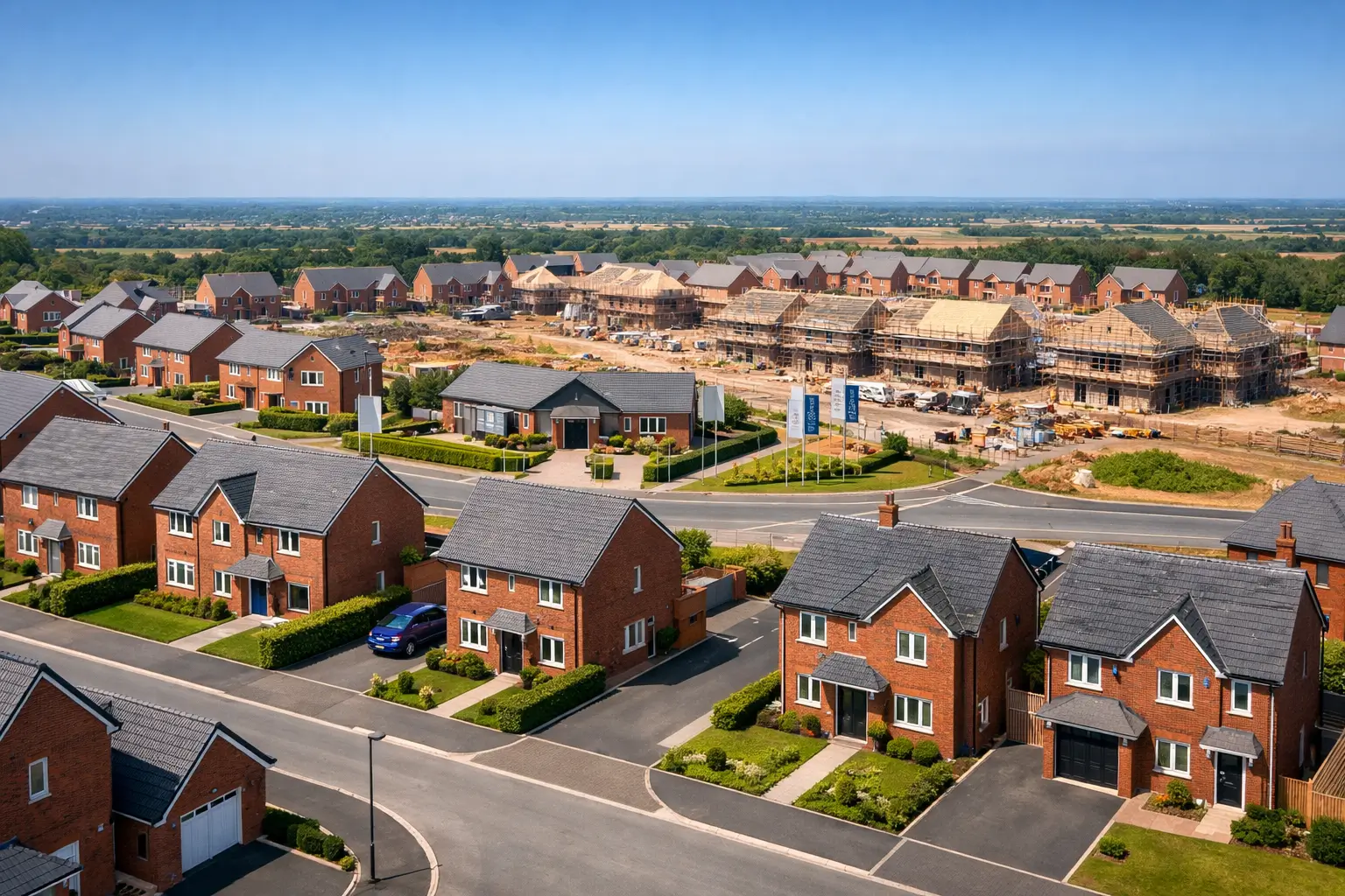UK new build residential development showing completed homes and active construction phases