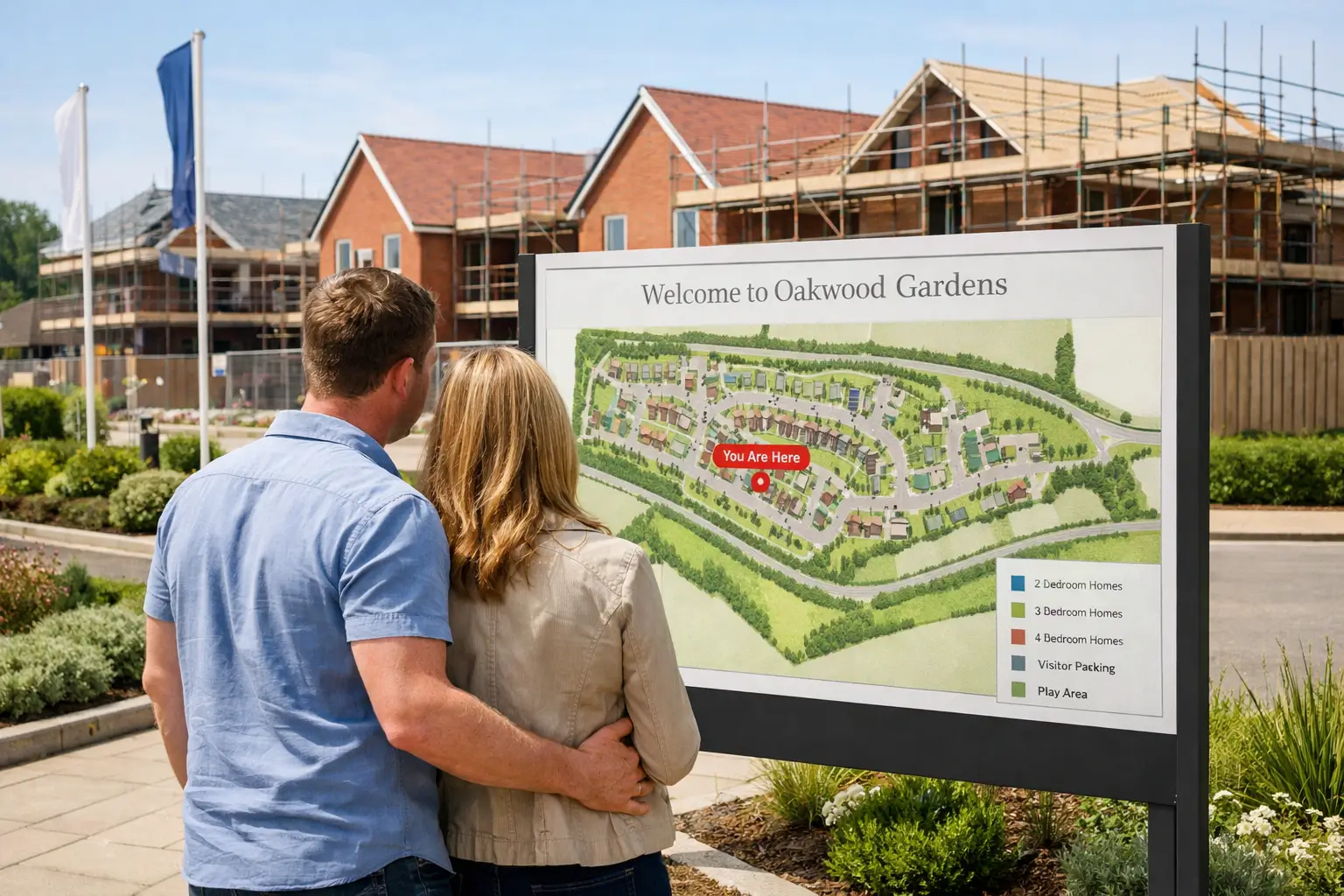 Prospective buyers reviewing site plan at UK new build housing development launch