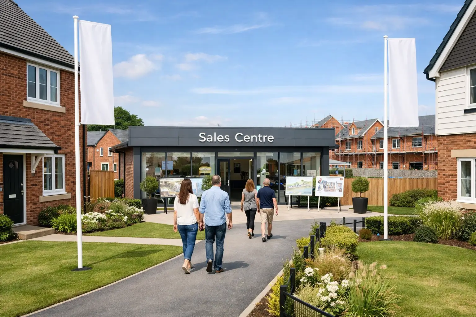 UK housebuilder sales centre with prospective buyers at new build residential development