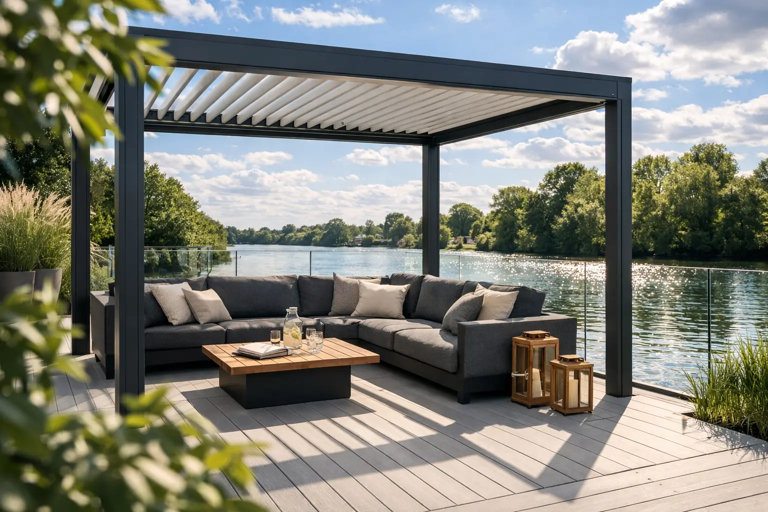 Louvered pergola with aluminium frame and outdoor sofa overlooking lakeside decking on a bright summer day