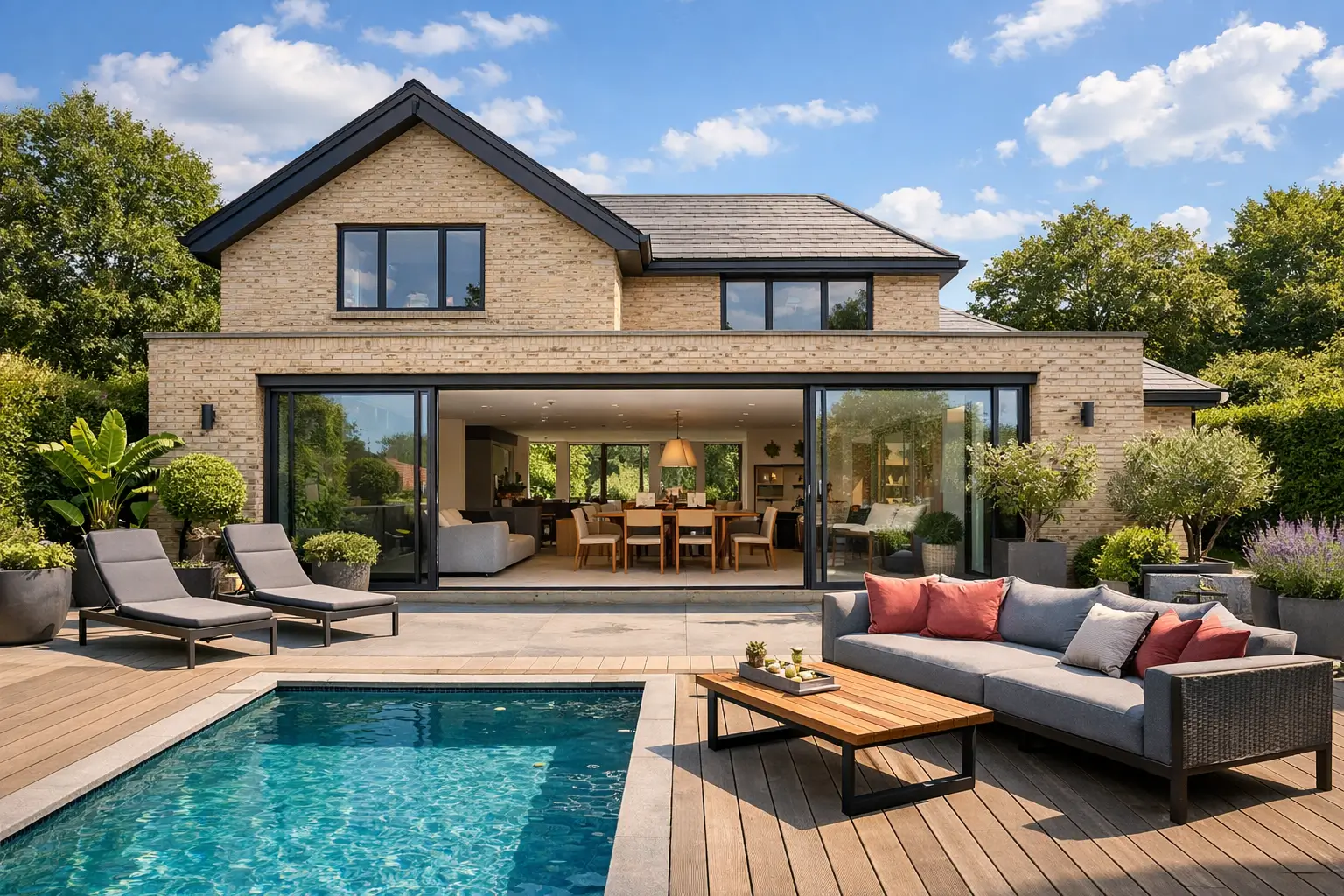 Patio ideas featuring modern outdoor seating, swimming pool and sliding glass doors on a contemporary brick home
