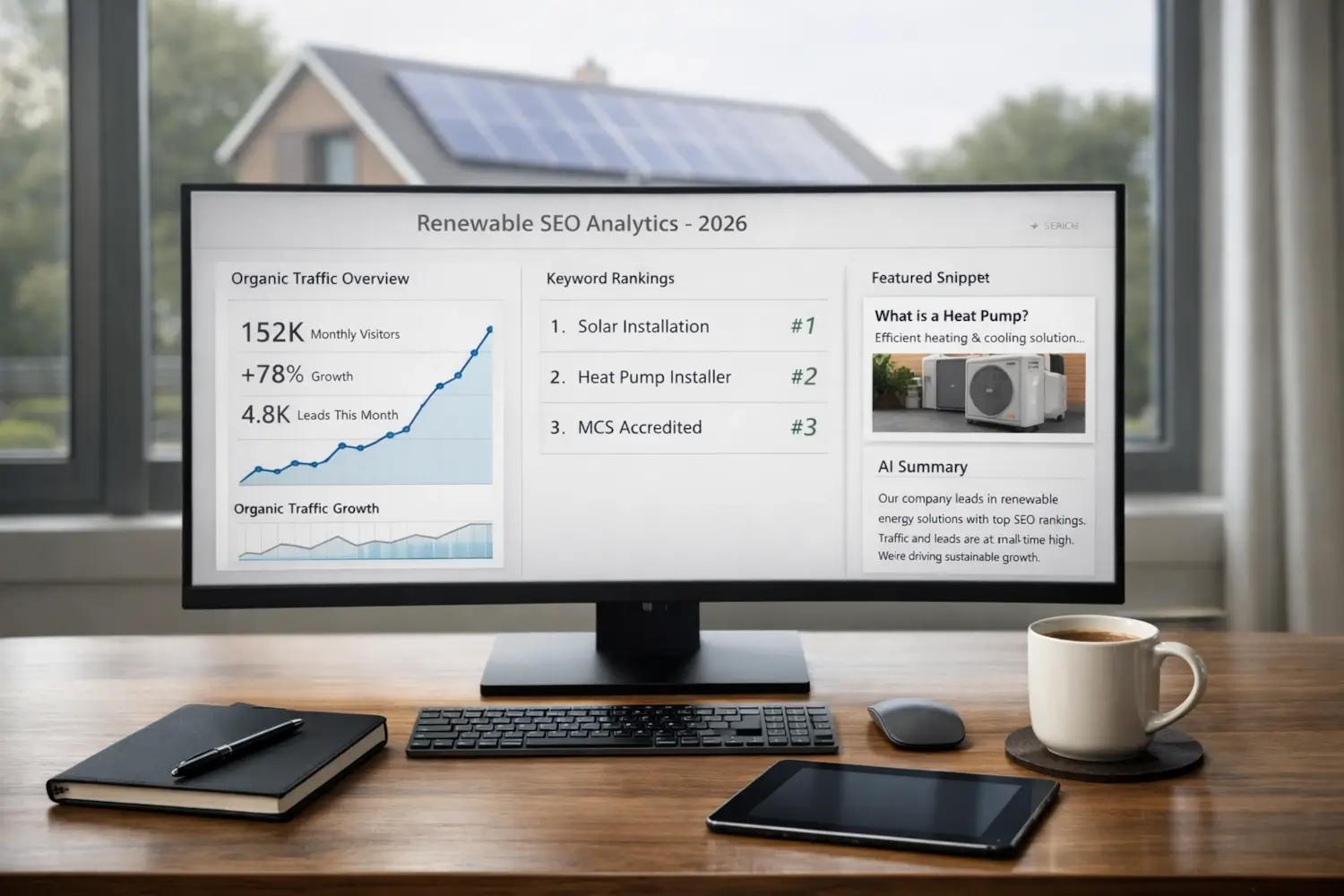 Renewable search engine optimisation dashboard showing solar installation and heat pump keyword rankings with rising organic traffic