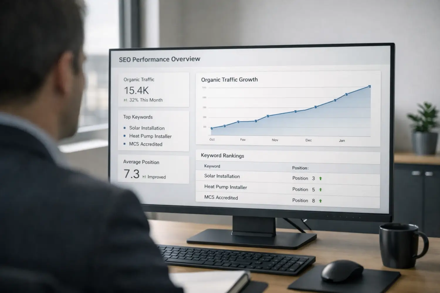Renewable search engine optimisation dashboard showing organic traffic growth and keyword rankings for solar installation and heat pump installer searches
