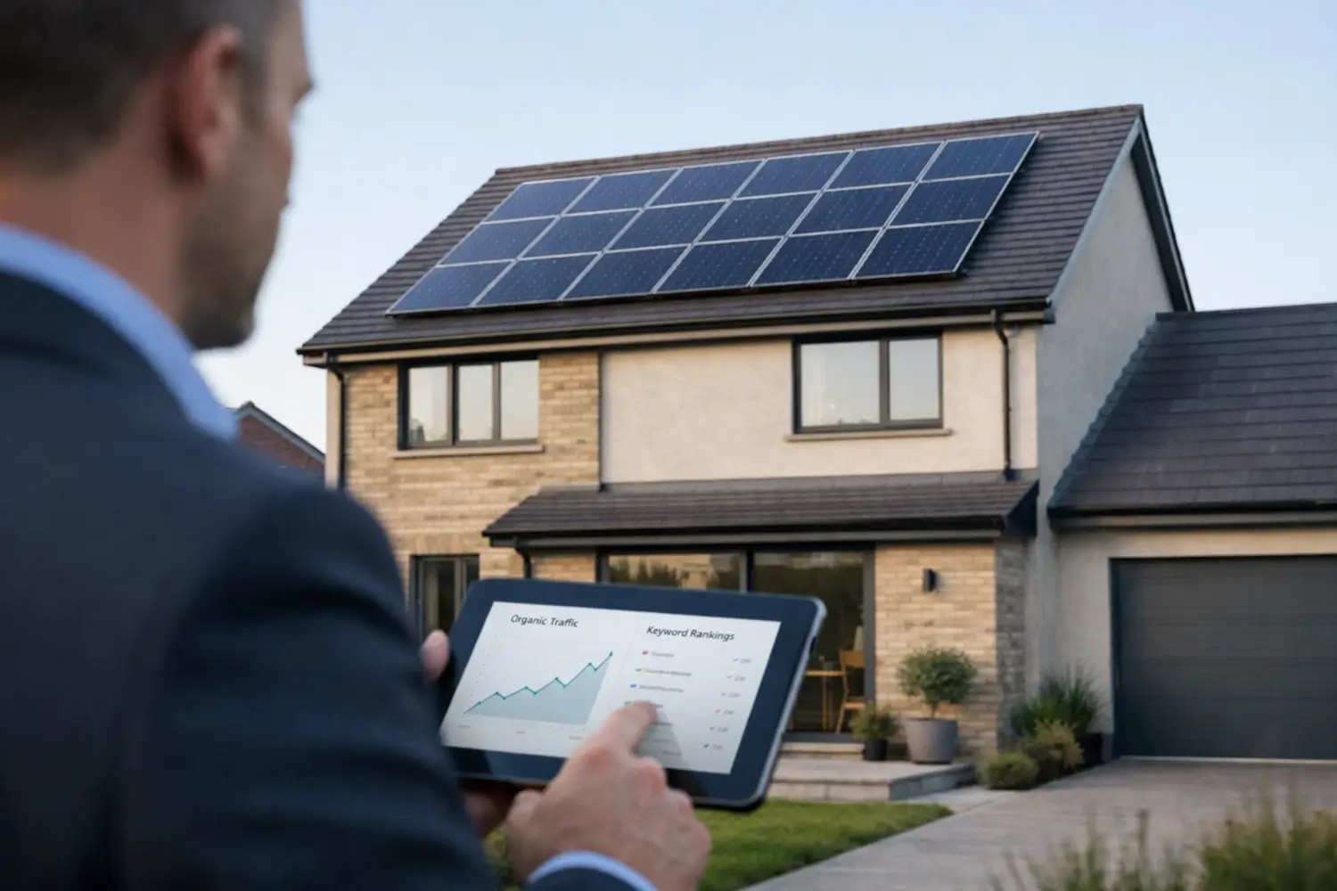 Renewable search engine optimisation for UK solar installer showing organic traffic growth on tablet in front of solar panel home