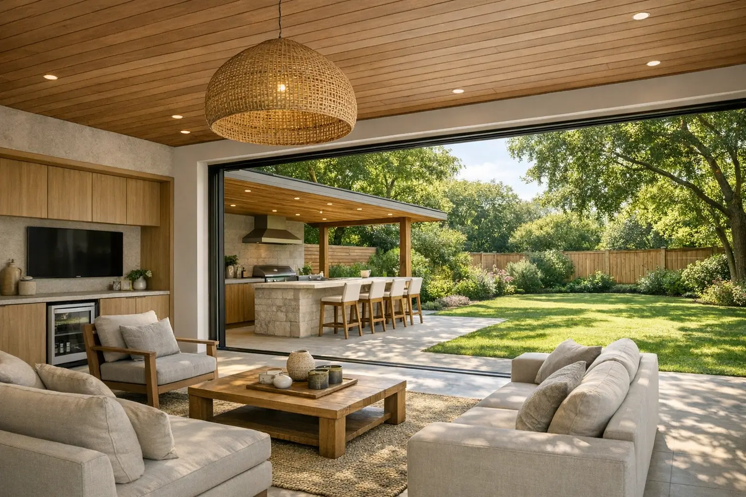 SEO for outdoor living companies showcasing a modern open plan garden kitchen and indoor outdoor living extension designed to attract high intent buyers.